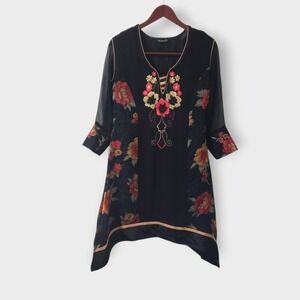 Moksha Black Floral Embroidered Beaded Asymmetric Velvet Sheer Kaftan Dress Sz S